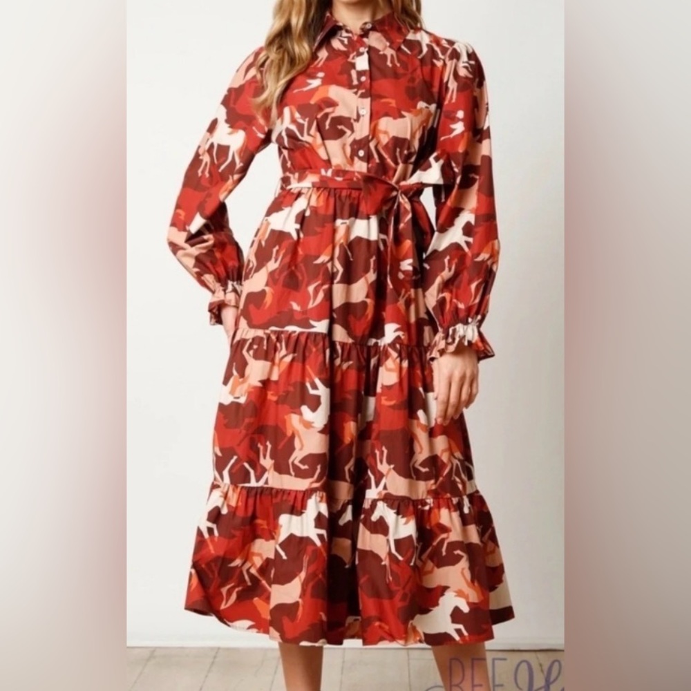 Fantastic Fawn small long sleeve midi dress with horses on it